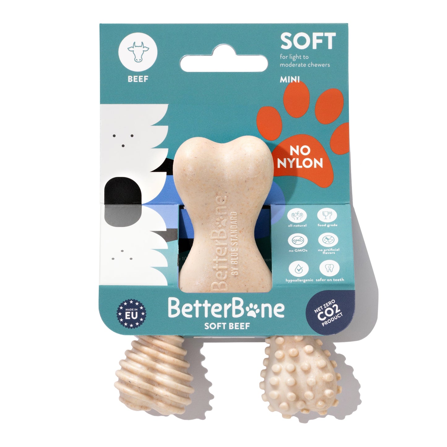 BetterBone soft dog chew toy in beef flavor with packaging on a white background