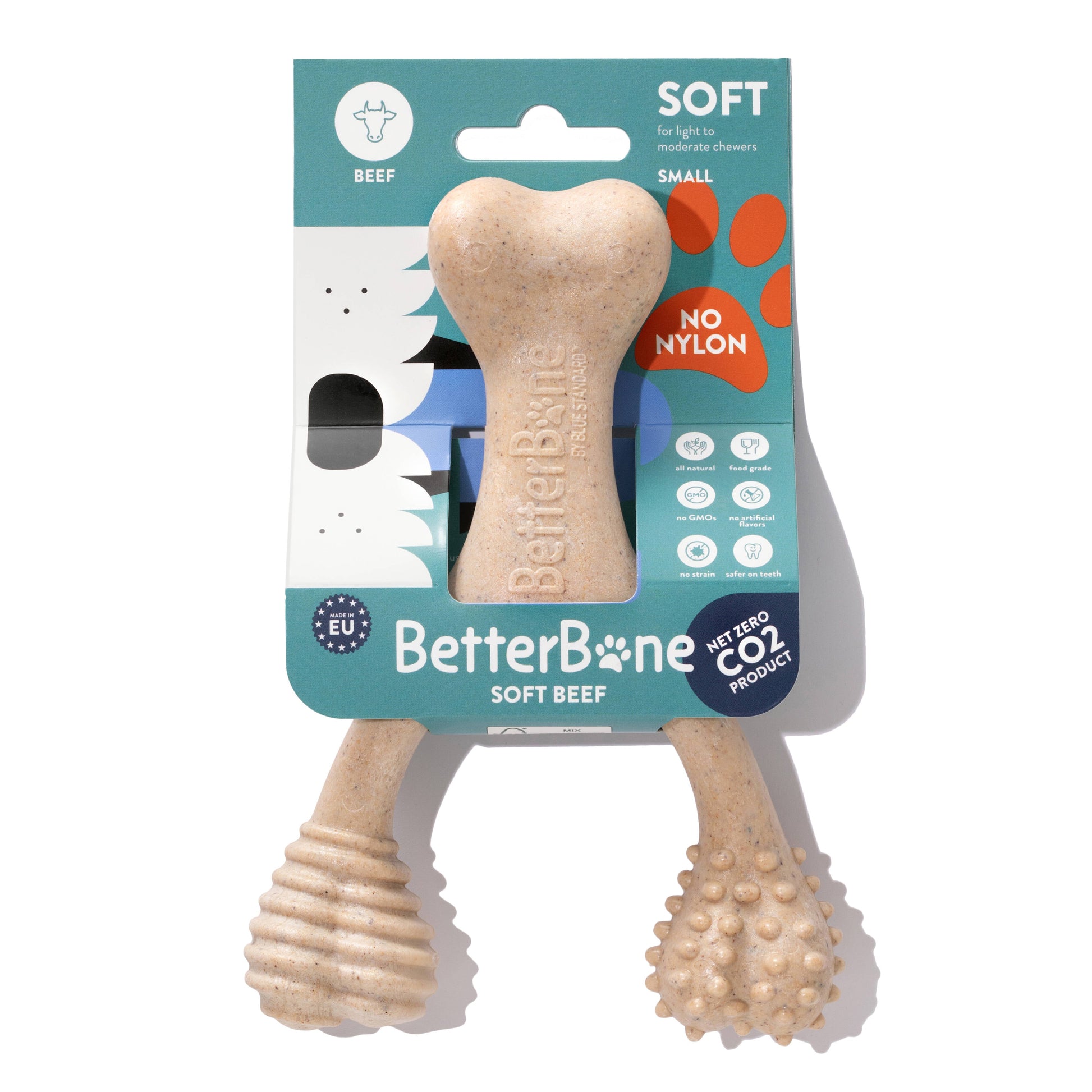 BetterBone soft natural beef dog chew toy in packaging on a white background