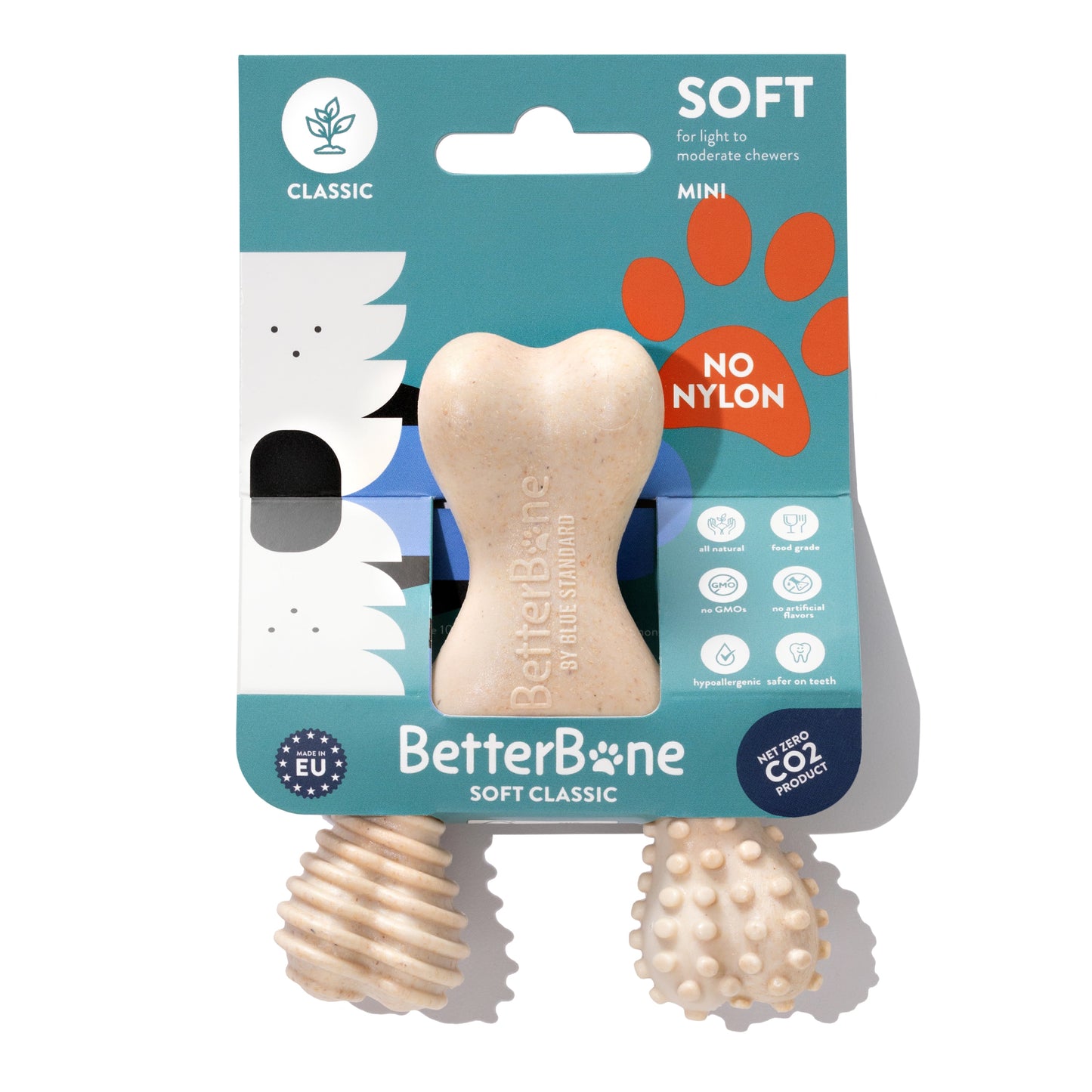 BetterBone soft natural dog chew toy packaging with a bone-shaped toy on a white background