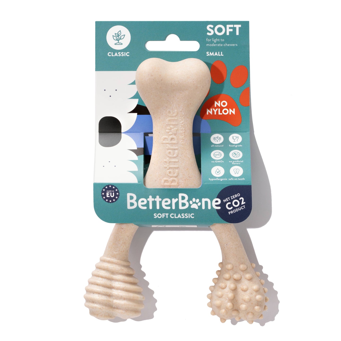 BetterBone soft natural dog chew toy with packaging on a white background