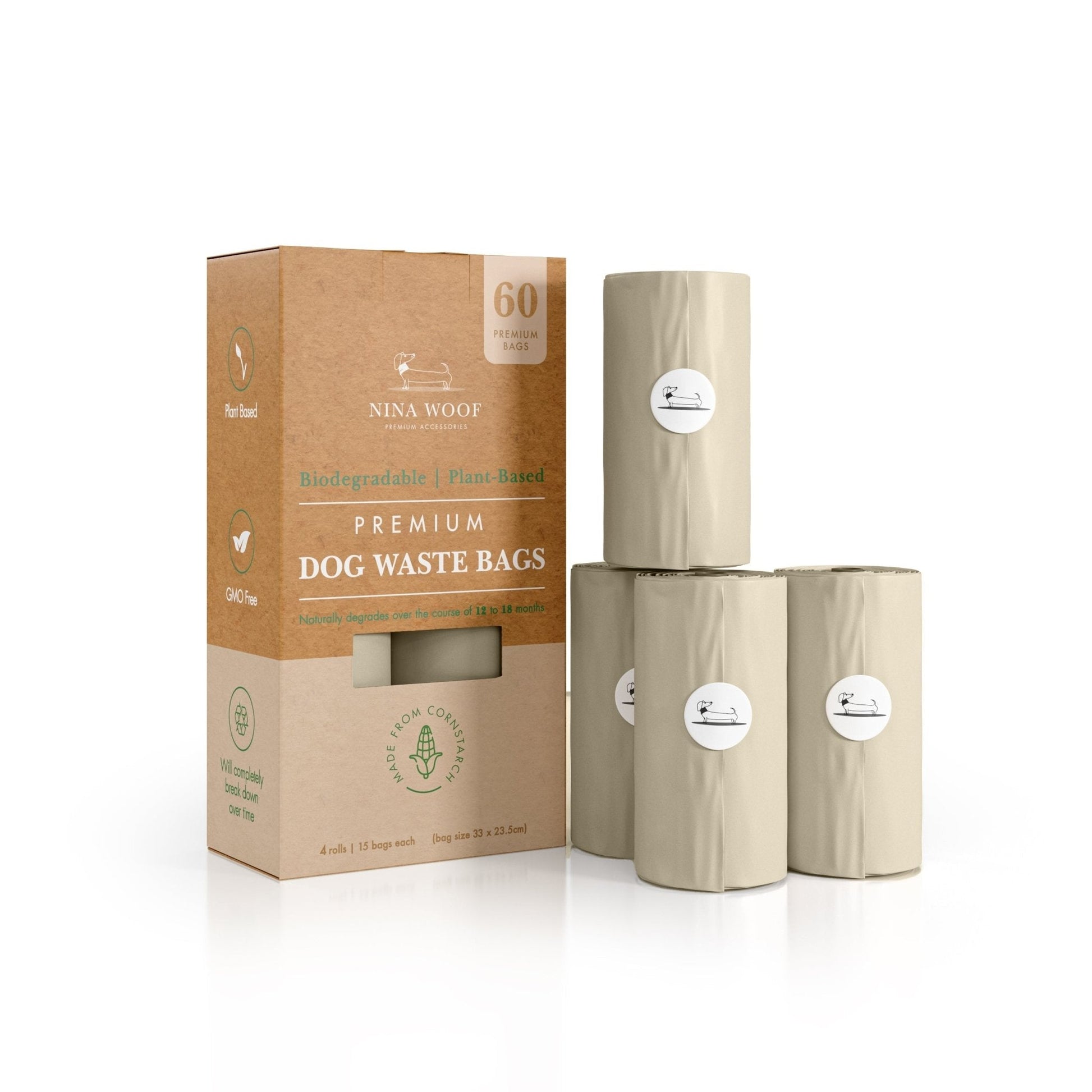 Nina Woof premium biodegradable dog poo bag rolls (x4) beside cardboard packaging on a white background