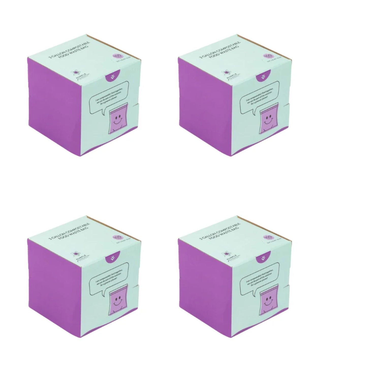 Four purple and light blue boxes of Puple Plumera compostable kitchen waste bags with a smiley face design on a white background