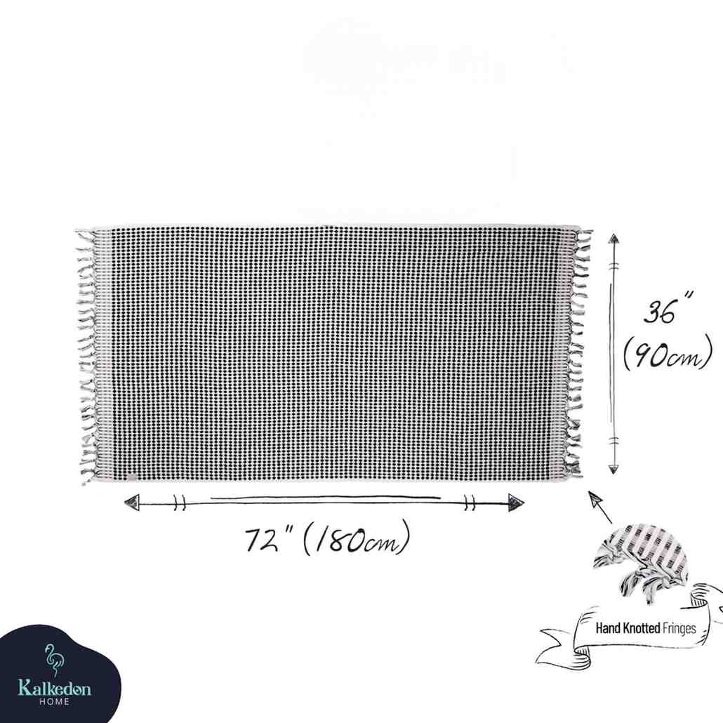 Black and white Premium 100% Organic Turkish Cotton Jacquard Bath Towel  with dimensions and Kalkedon logo on a white background