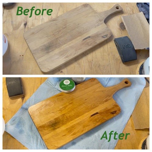 Before and after comparison of a wooden cutting board with a  Board Balm on a wooden surface.