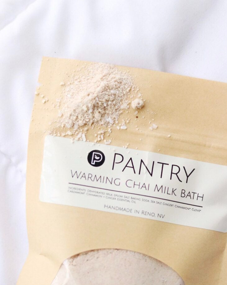Package of Pantry Warming Chai Milk Bath Soak – Coconut Milk, Sea Salt & Spiced Winter Blend - on a white background
