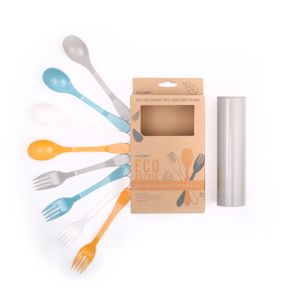 Set of 8 travel-ready, plastic-free colorful bamboo cutlery with a cardboard box labeled 'Eco Cutlery' on a white background.