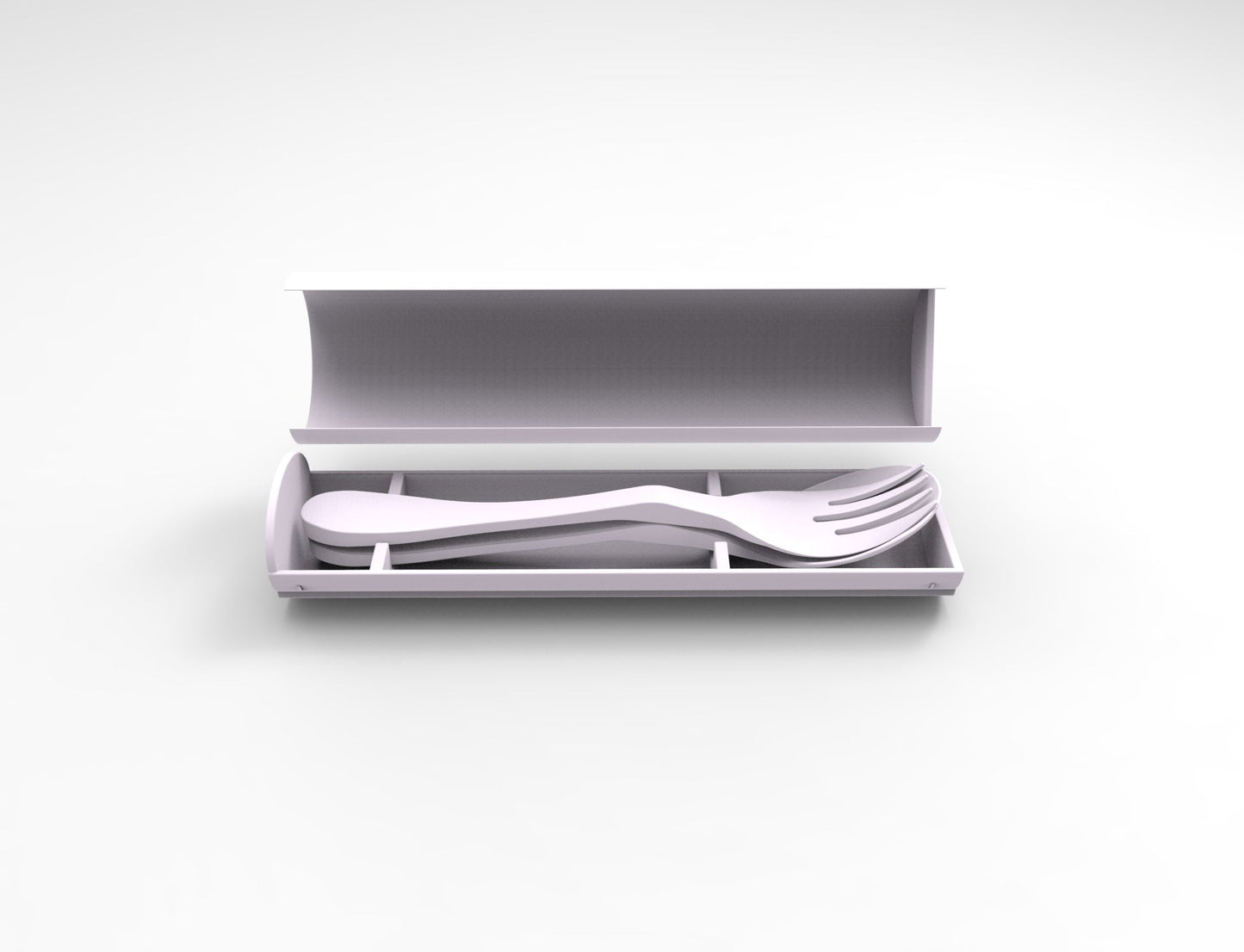 Set of white plastic-free compostable cutlery in an open gray travel box (also compostable) on a white background