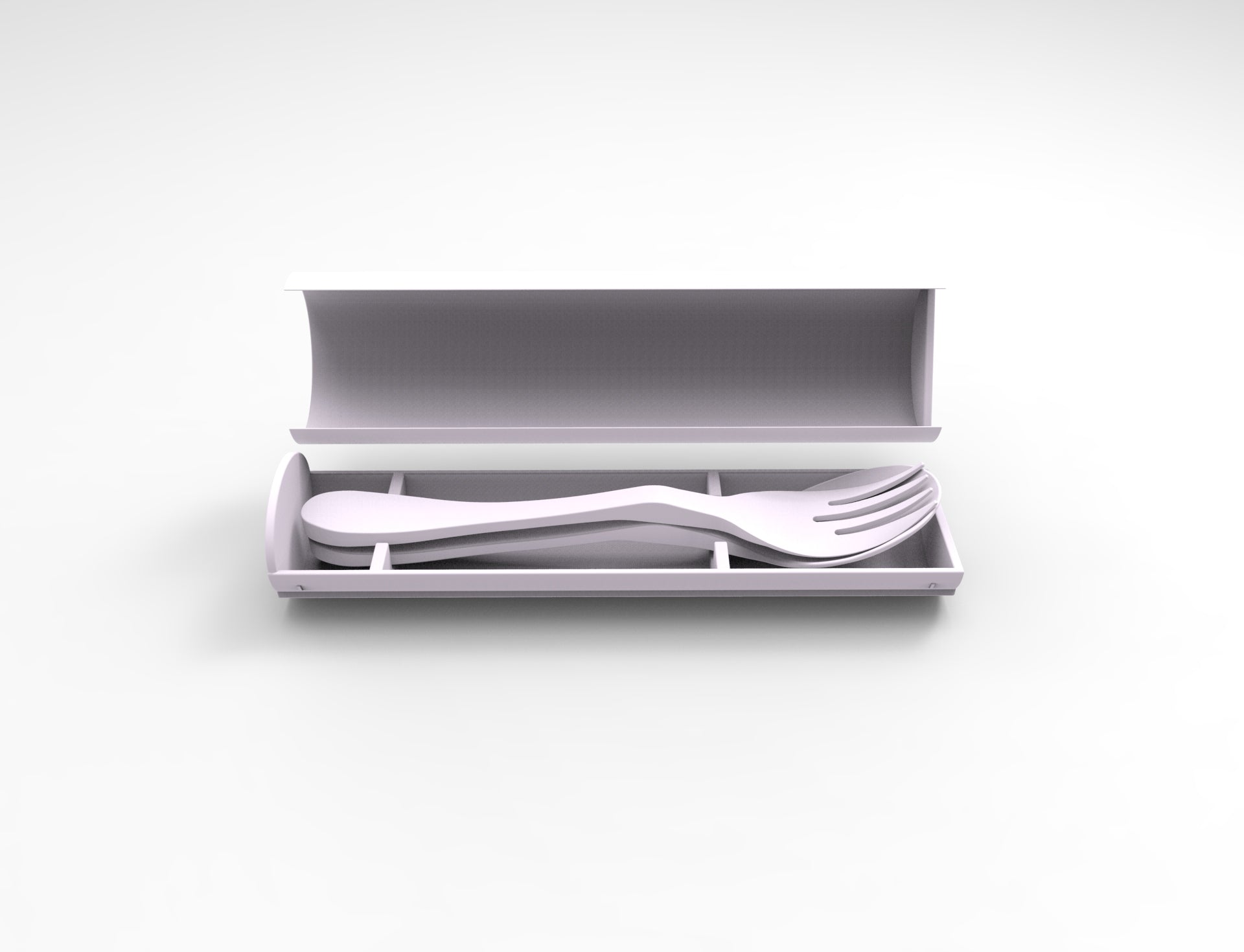 Set of white plastic-free compostable cutlery in an open gray travel box (also compostable) on a white background