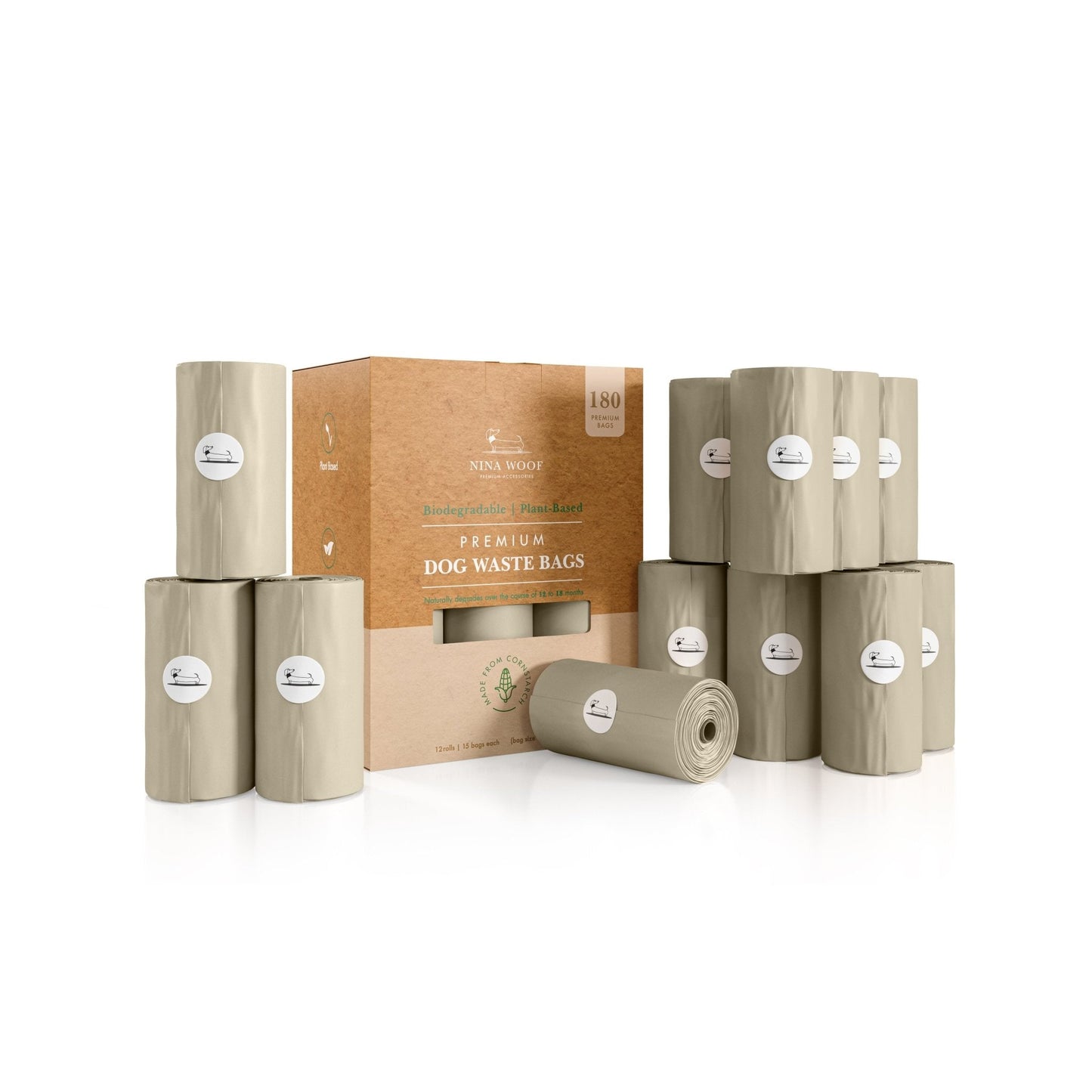 Multiple rolls of beige Nina Woof biodegradable/compostable dog waste bags and package of 180-count bags
