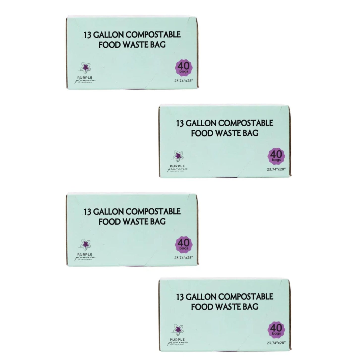 Four boxes of 13-gallon compostable food waste bags on a white background