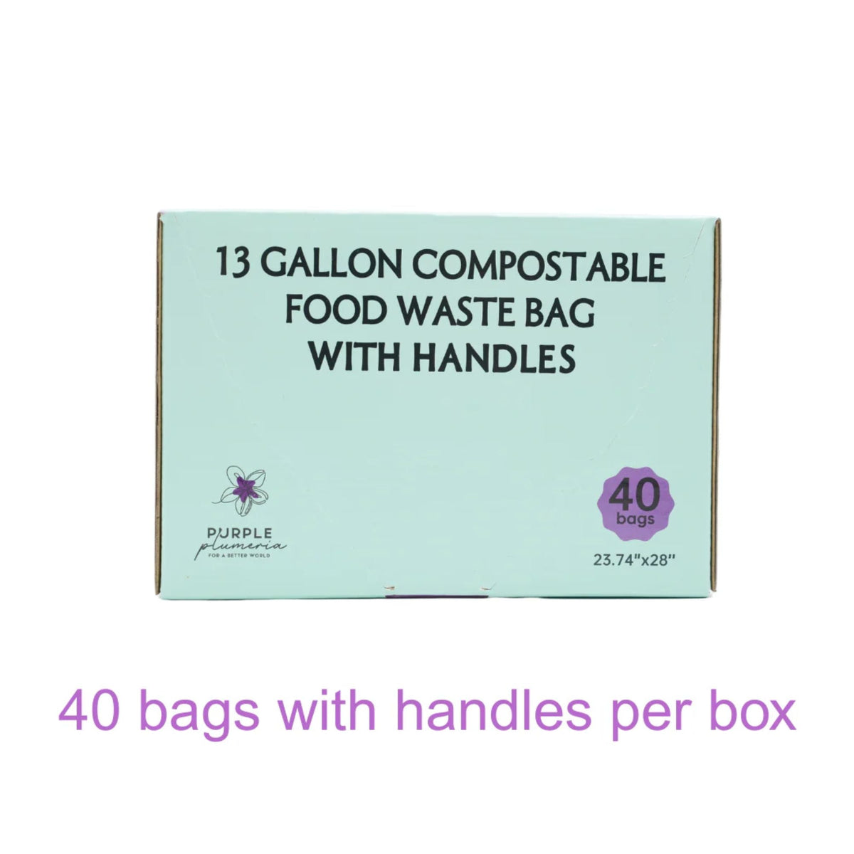 Box of Purple Plumeria 13-gallon compostable food waste bags with handles on a white background