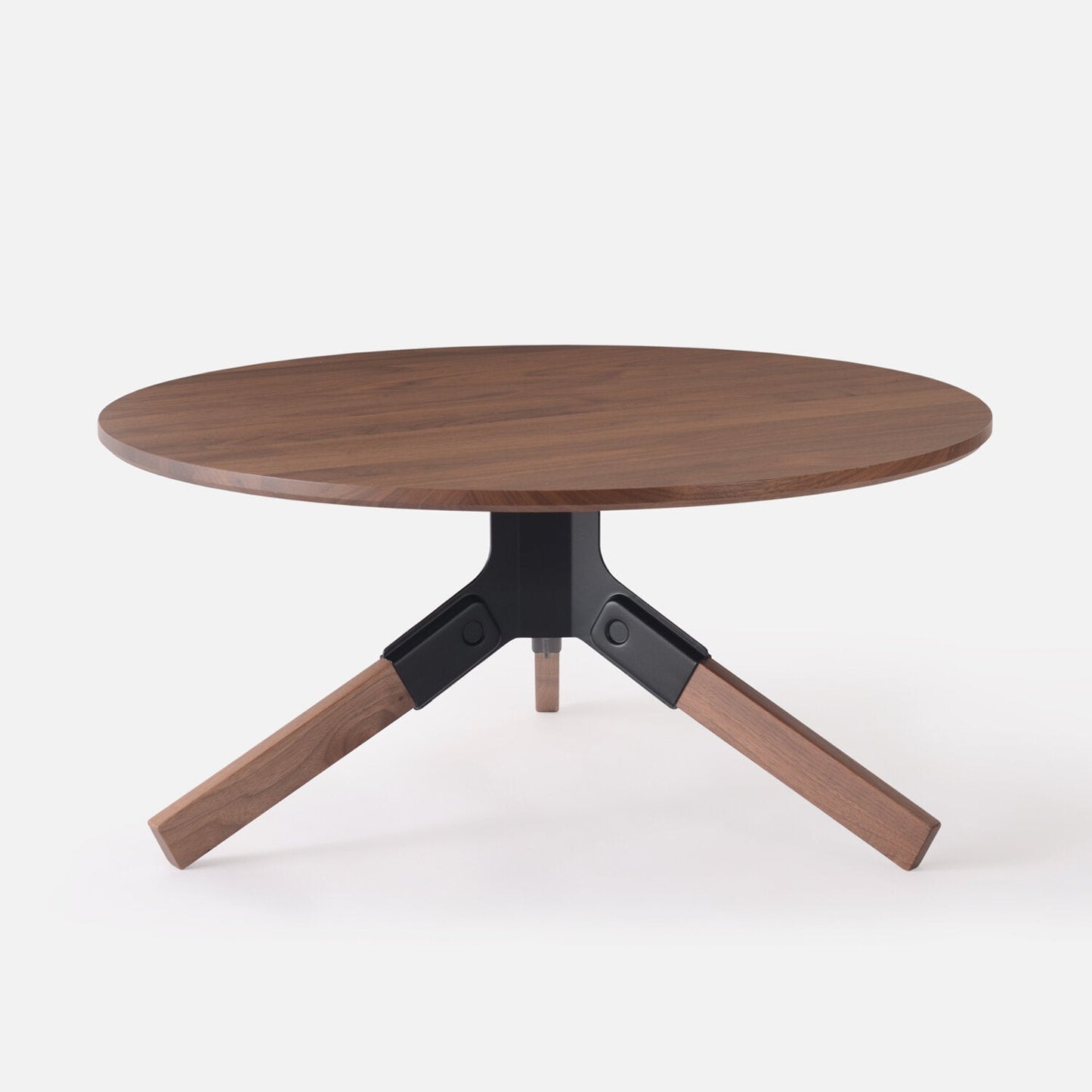 Conrad Coffee Table in Solid Walnut and Steel black base on a white background