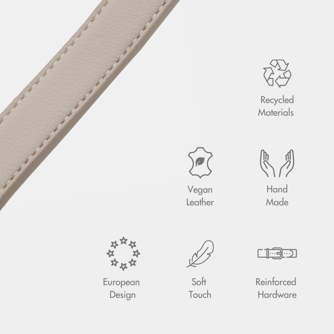 Close-up of a Beige Copenhagen Dog Collar vegan leather, shown with sustainability icons and text on a white background