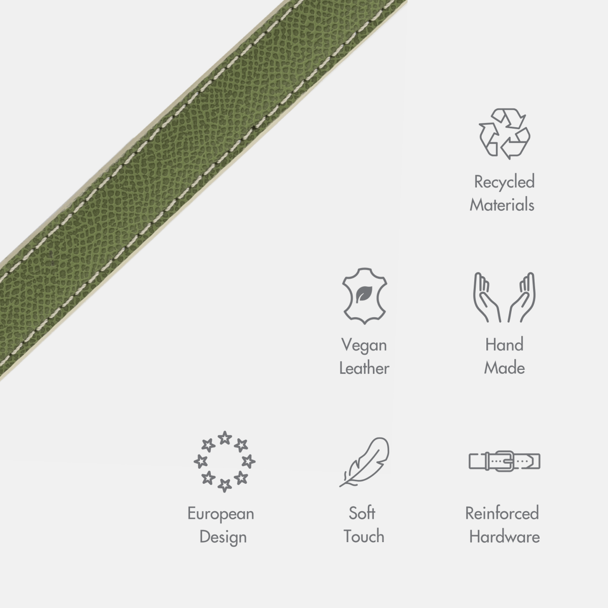 Copenhagen Dog Leash made with PETA-approved vegan leather, Olive with Beige design with sustainability icons on a white background. Icons: recycled materials; vegan leather, hand made, reinforced hardware; soft touch; European design