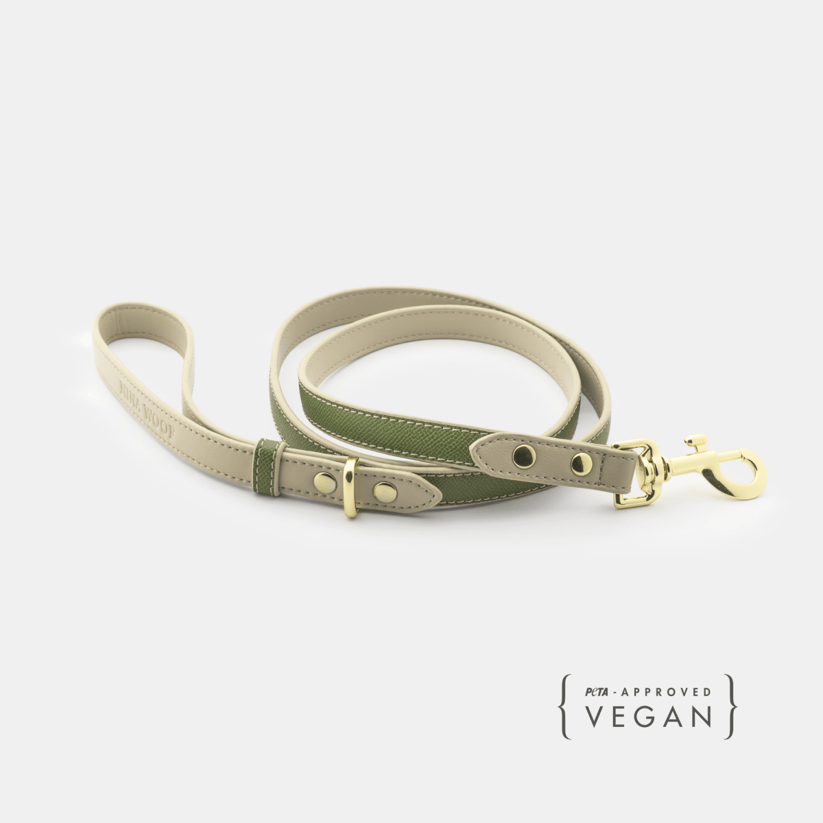Copenhagen Dog Leash made with PETA-approved vegan leather, Olive with Beige design on a white background