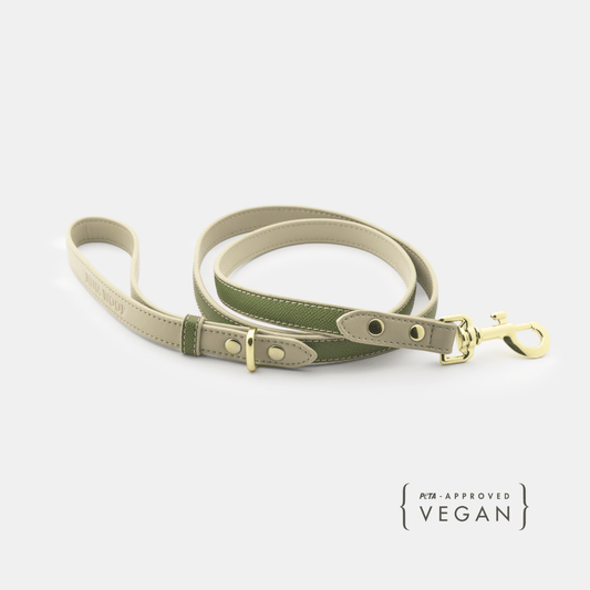 Copenhagen Dog Leash made with PETA-approved vegan leather, Olive with Beige design on a white background