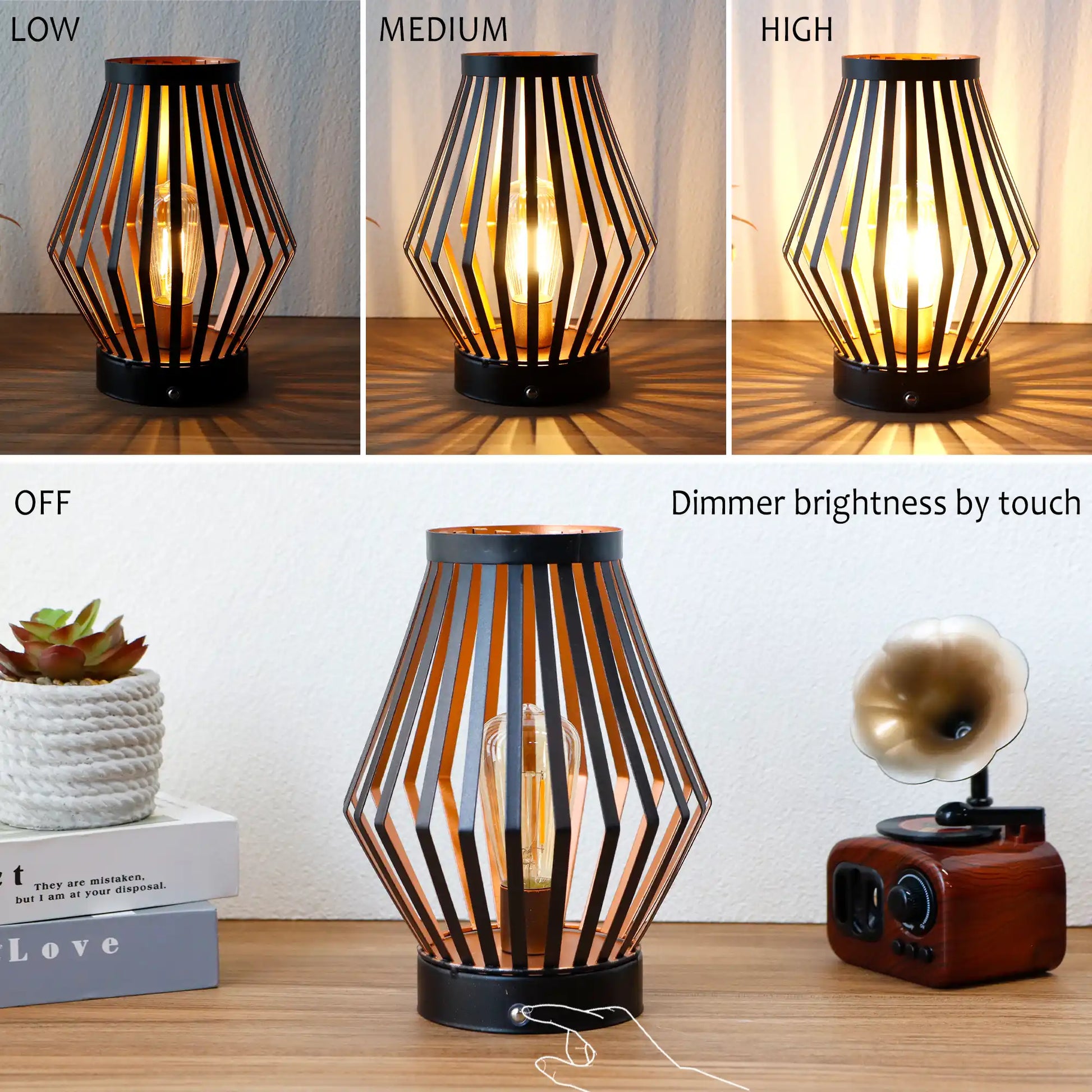 Table lamp with dimmer brightness feature shown in three levels of illumination. Vintage metal cage design. Battery powered.