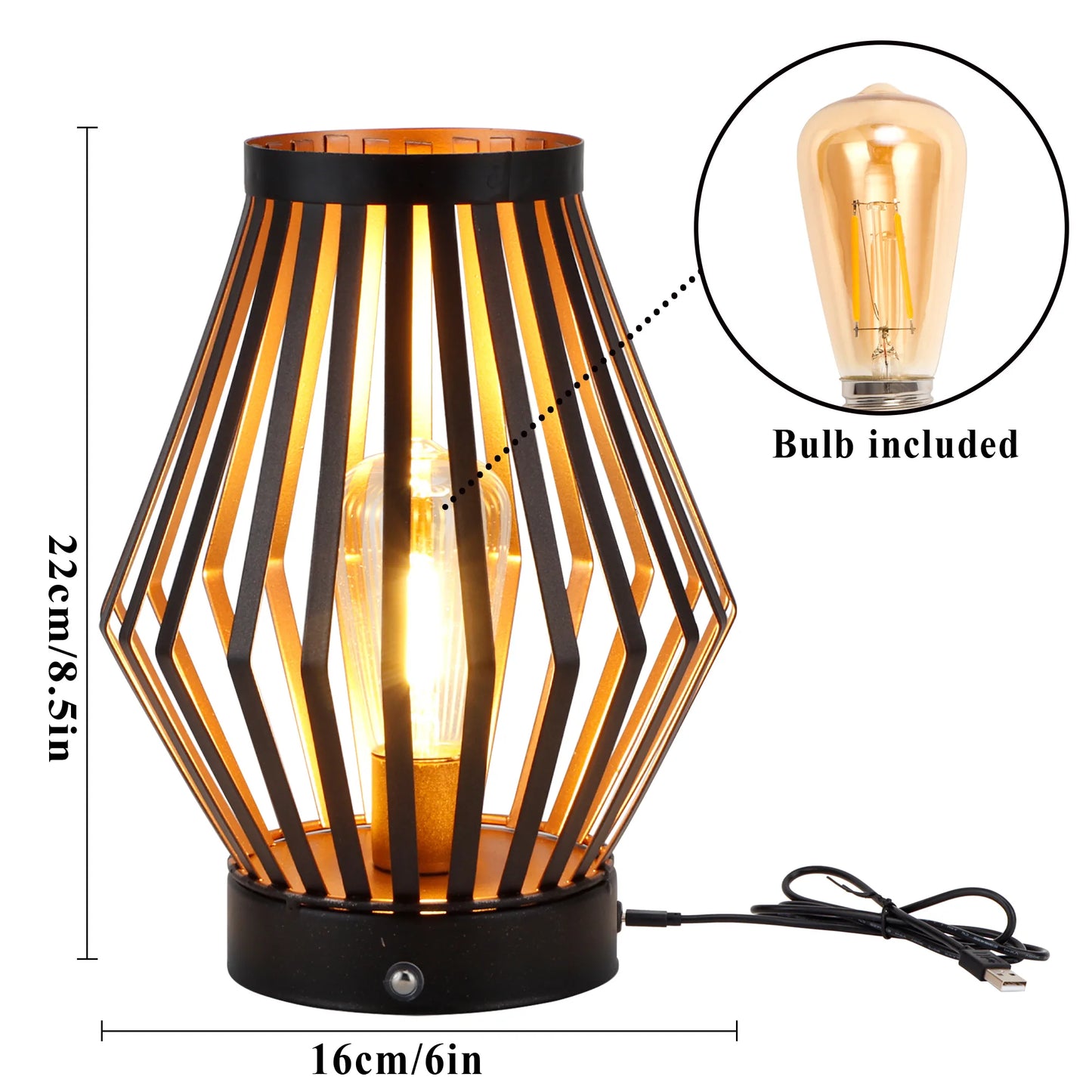 Decorative metal cage table lamp with geometric design, bulb included, and measurements shown.