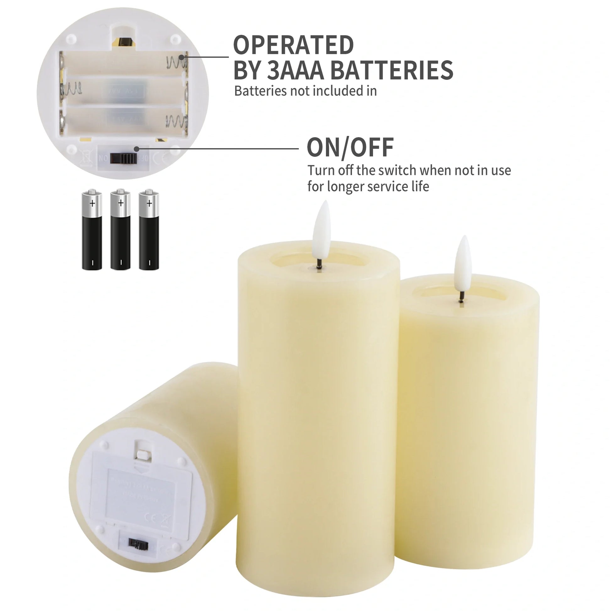 Flameless electric candles with battery operation details on a white background