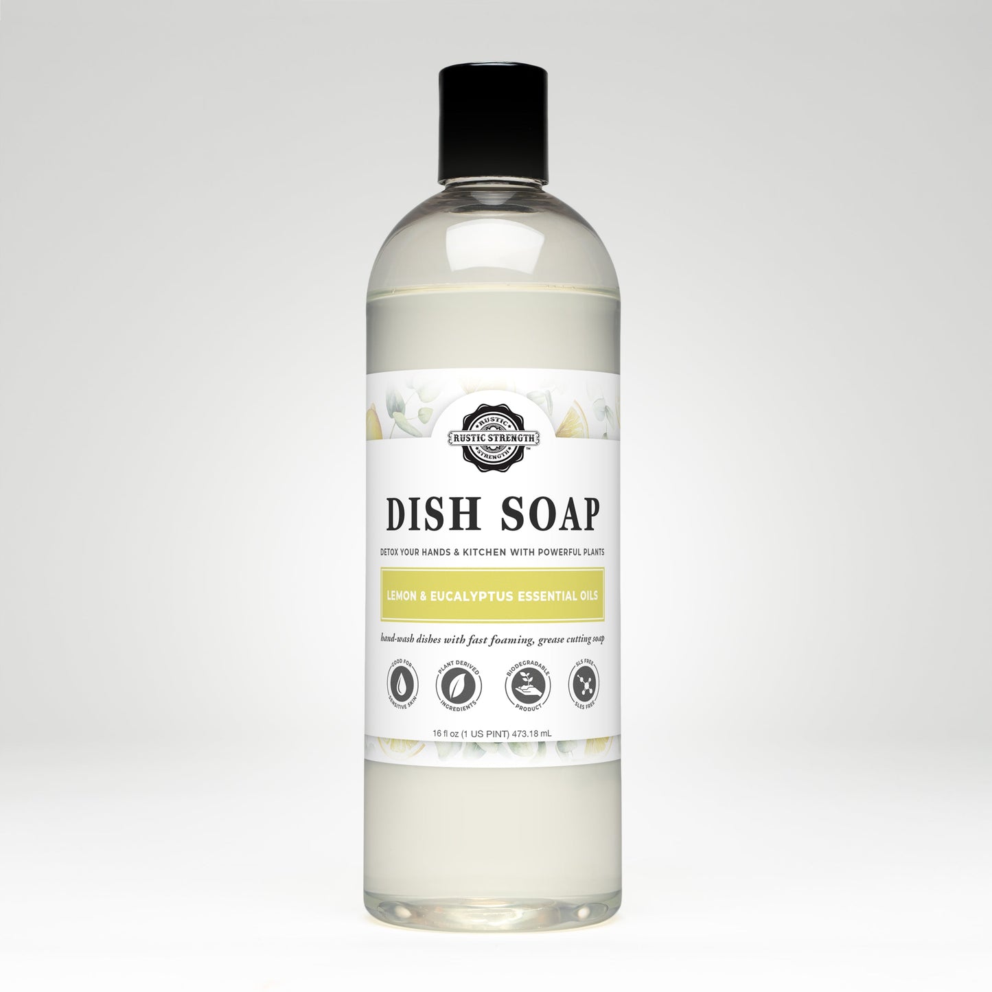 Bottle of Rustic Strength Lemon & Eucalyptus Dish Soap with a label on a white background