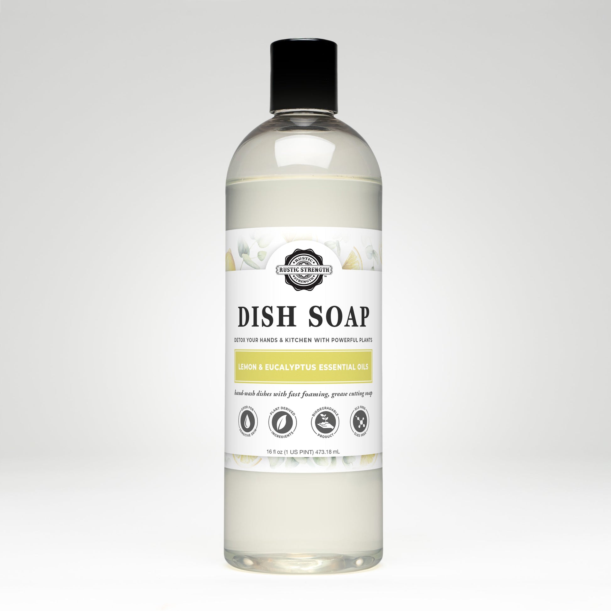 Bottle of Rustic Strength Lemon & Eucalyptus Dish Soap with a label on a white background