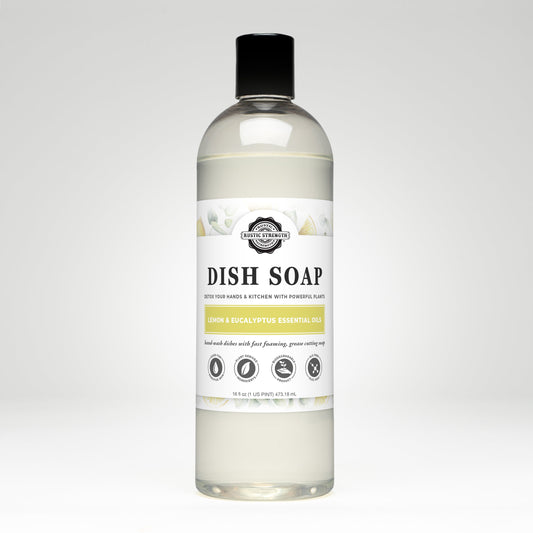 Bottle of Rustic Strength Lemon & Eucalyptus Dish Soap with a label on a white background