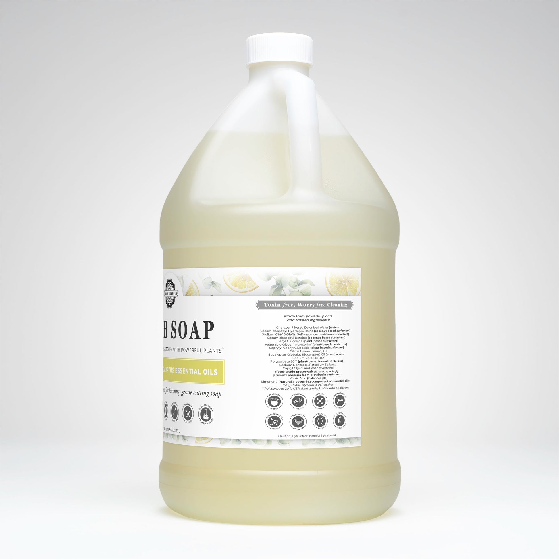 Gallon bottle of liquid soap with a label on a white background