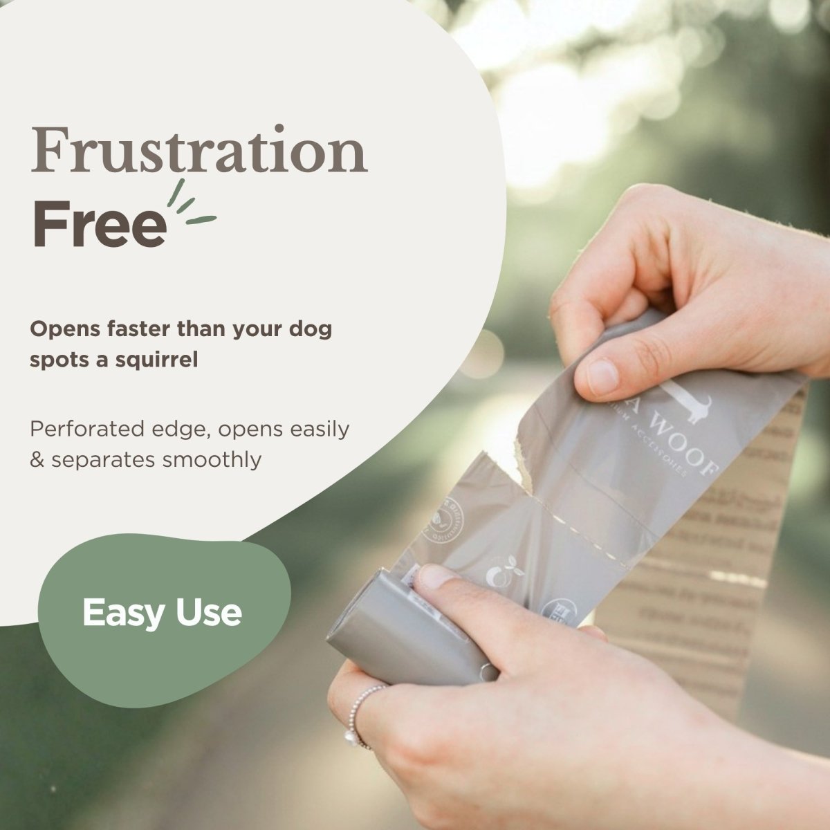 Person tearing a Nina Woof premium biodegradable dog waste bag from the roll with text highlighting 'Frustration Free' and 'Easy Use'.