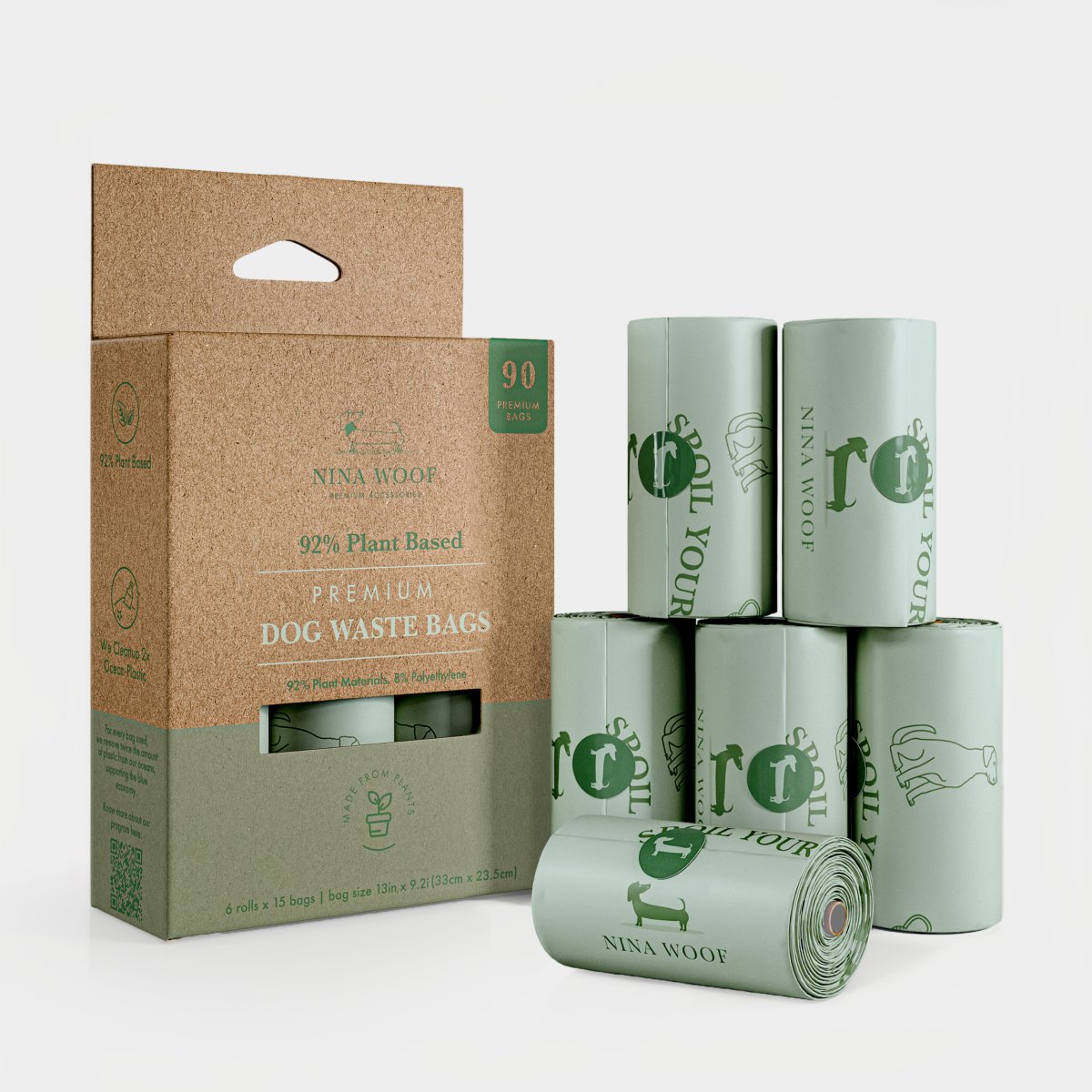 Nina Woof premium eco-friendly 92% dog waste bags packaging with six rolls on a white background