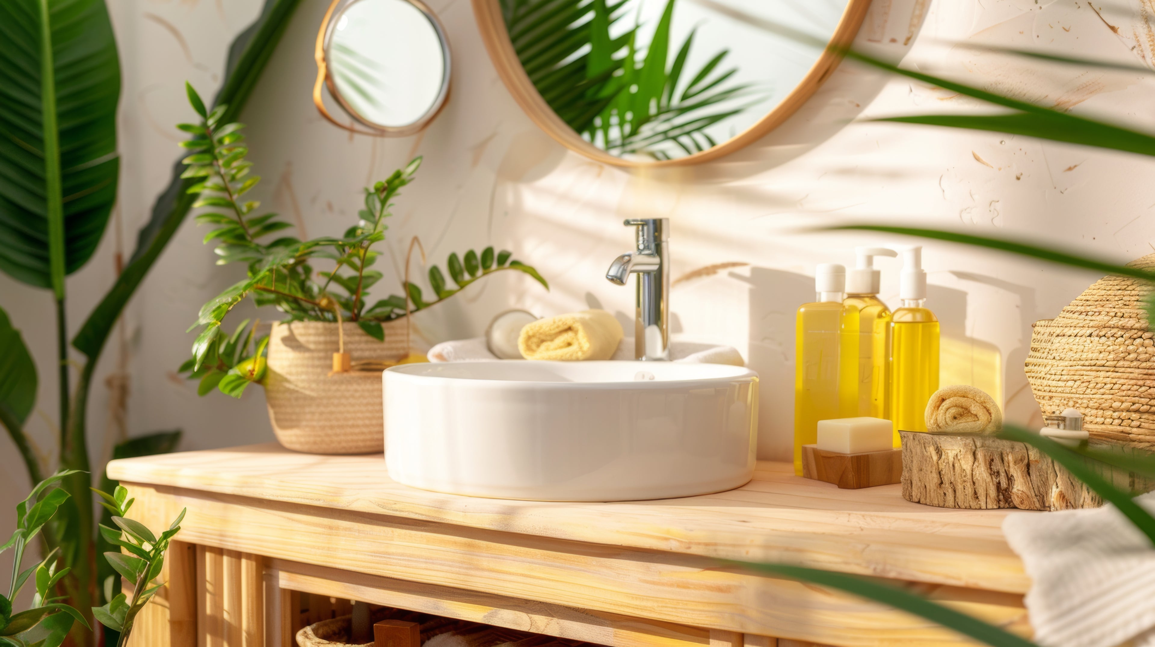 Bathroom sink with eco-friendly soaps, and skin care products