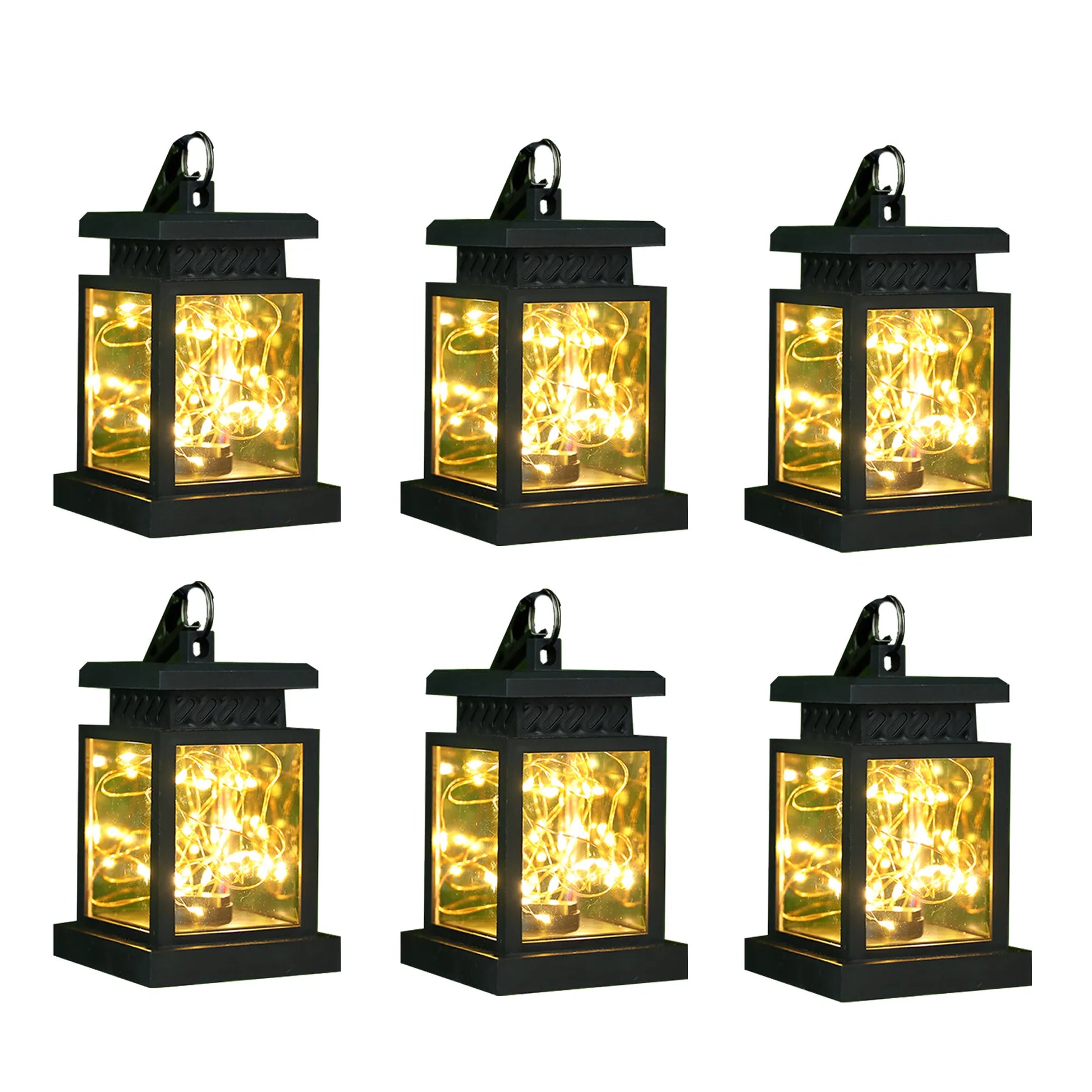 Set of six black solar lanterns with string lights on a white background. Batter powered.