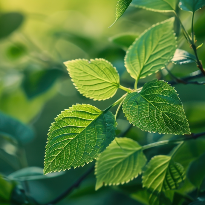 Leaves on a tree with dappled sunlight, representing sustainability.