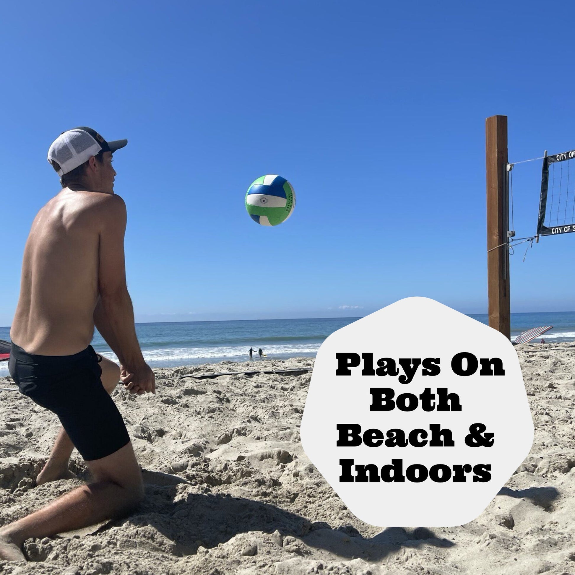 Eco Sports Eco-Friendly indoor and beach  volleyball being played at a beach.