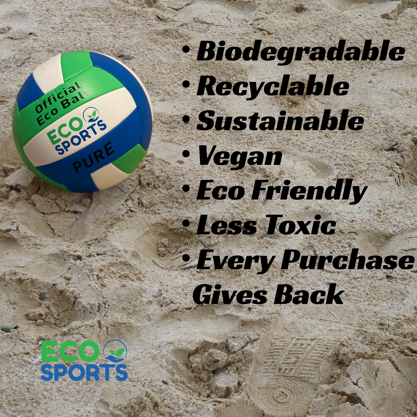 Eco Sports Eco-Friendly Vegan Beach and Indoor Volleyball with listed featured in the sand.