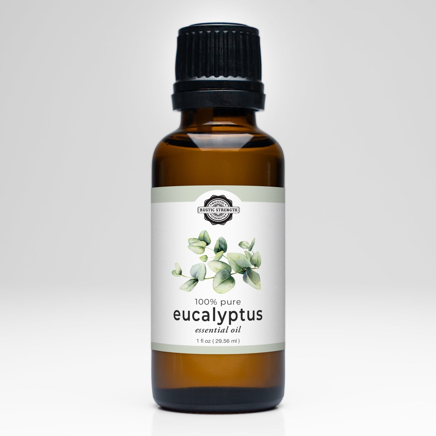 1oz bottle of 100% pure Rustic Strength Eucalyptus Essential Oil with a label on a white background