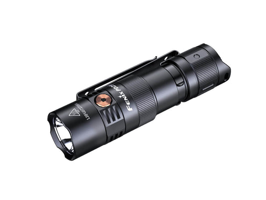 Black Fenix PD25R rechargeable LED flashlight with 'Fenix' branding on a white background