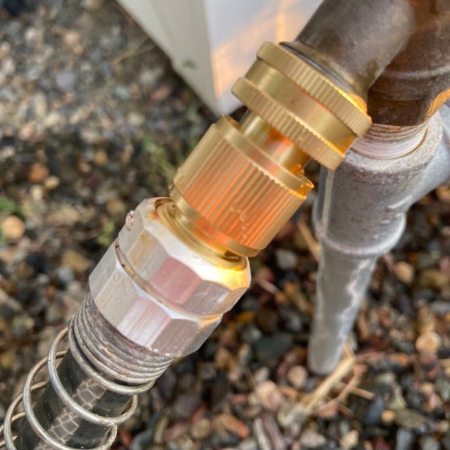 Close-up of a brass hose fitting on a garden hose connected to a pipe.