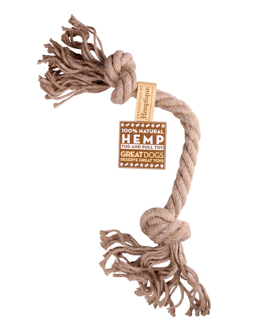Hemp dog toy with tassels and a visible brand label on a white background. 20mm biodegradable, sustainable option for all types of dogs.