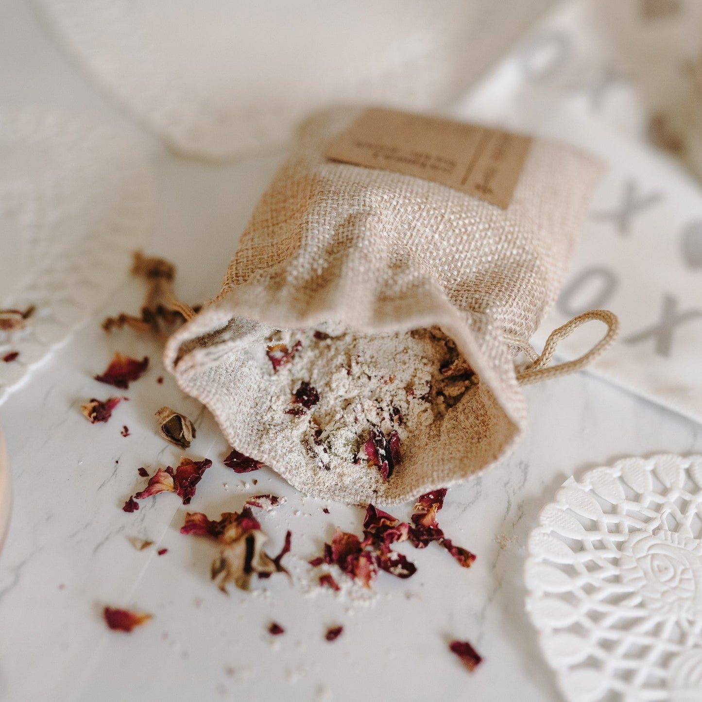 Herbal Oatmeal Bath Soak with Rose Petal in Satchel