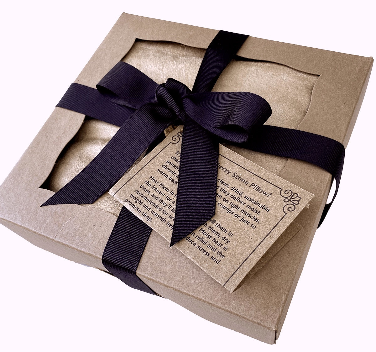 Eco-Friendly package box with a black ribbon and tag on a white background for the Hot Cherry Triple Square Pillow Maraschino Ultra Suede Heating Pad/Cold Pad