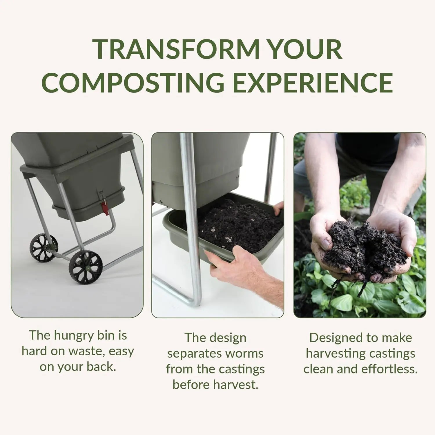 Transform your composting experience with the Hungry Bin composting system, depicted using three images and text on a white background.