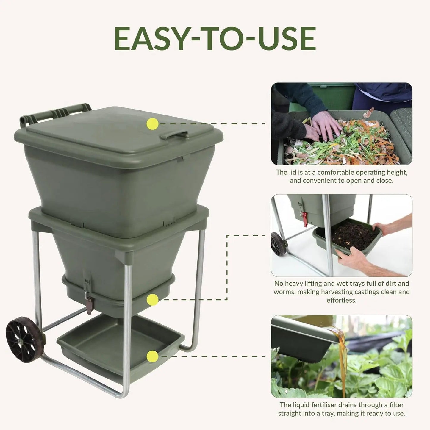 Green Hungry Bin compost bin with features depicting its ease of use on a white background