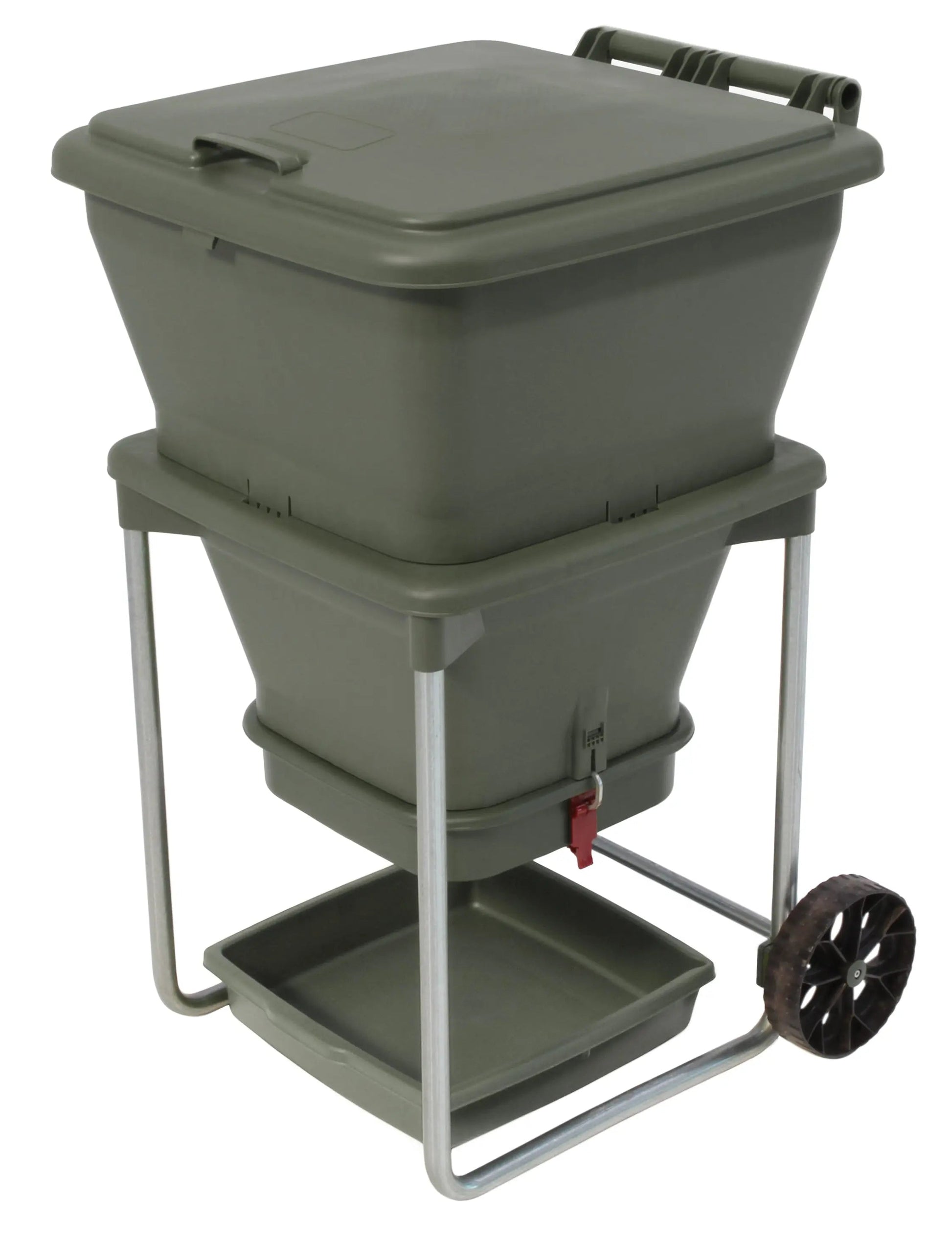 Green Hungry Bin compost bin and worm farm with wheels on a white background