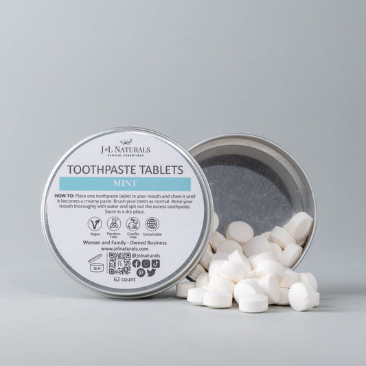 Tin of J&L Naturals Toothpaste Tablets Mint flavor
