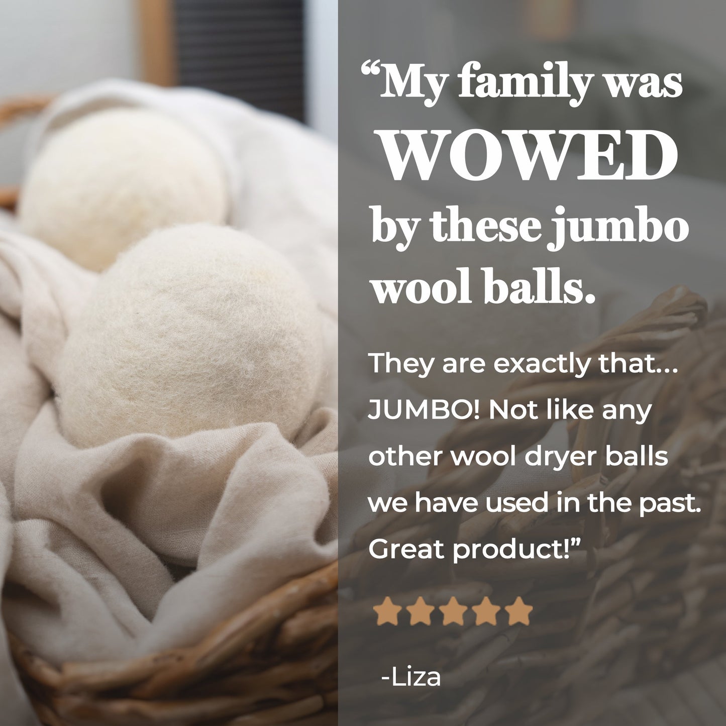 Basket of large wool dryer balls with a customer review overlay.