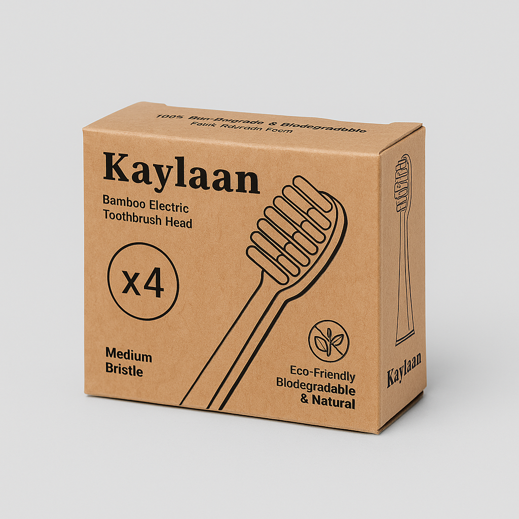 Kaylaan bamboo electric toothbrush replacement heads in recyclable paper packaging