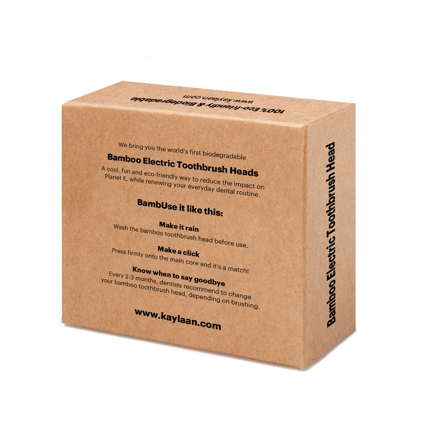 Back of Kaylaan bamboo electric toothbrush replacement head packaging