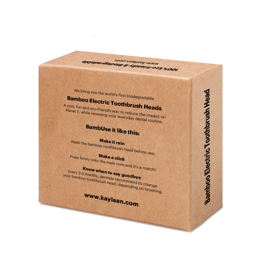 Back of Kaylaan bamboo electric toothbrush replacement head packaging