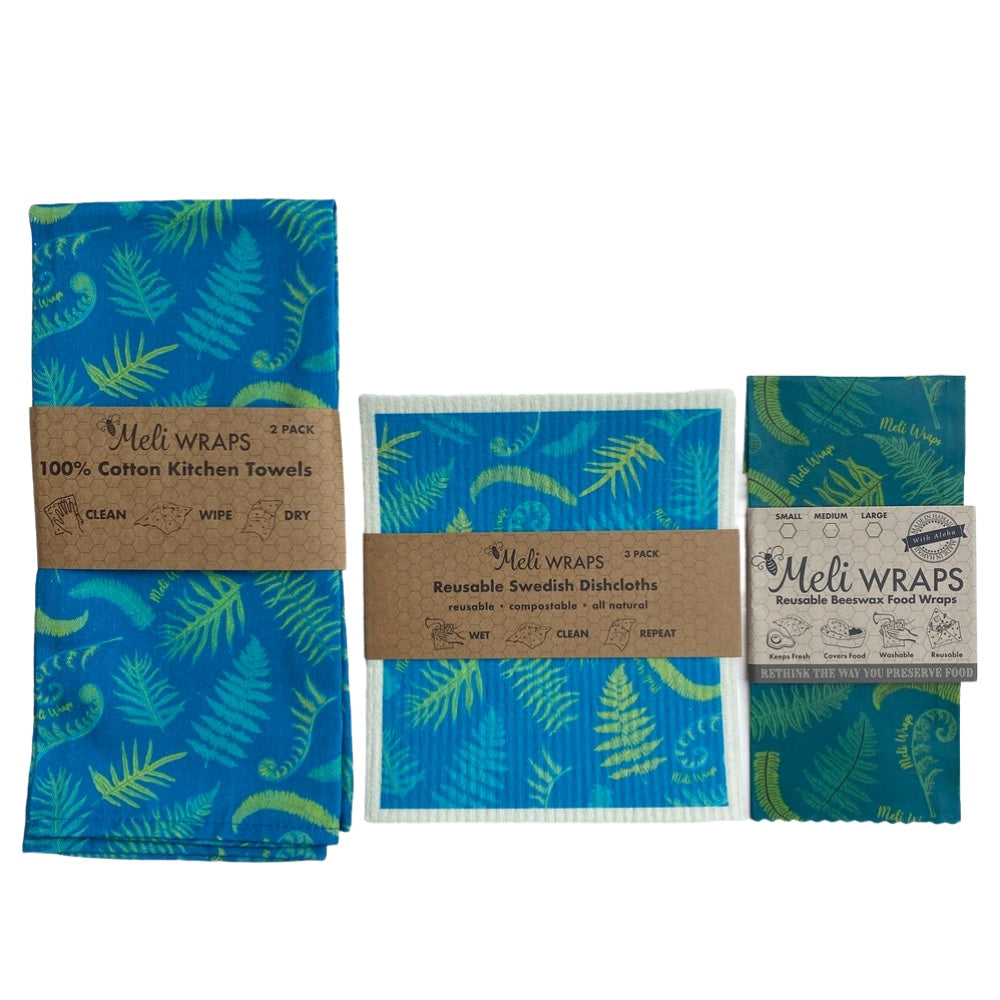 All-natural cotton kitchen towels, reusable swedish dishcloths and beeswax wraps - fern print