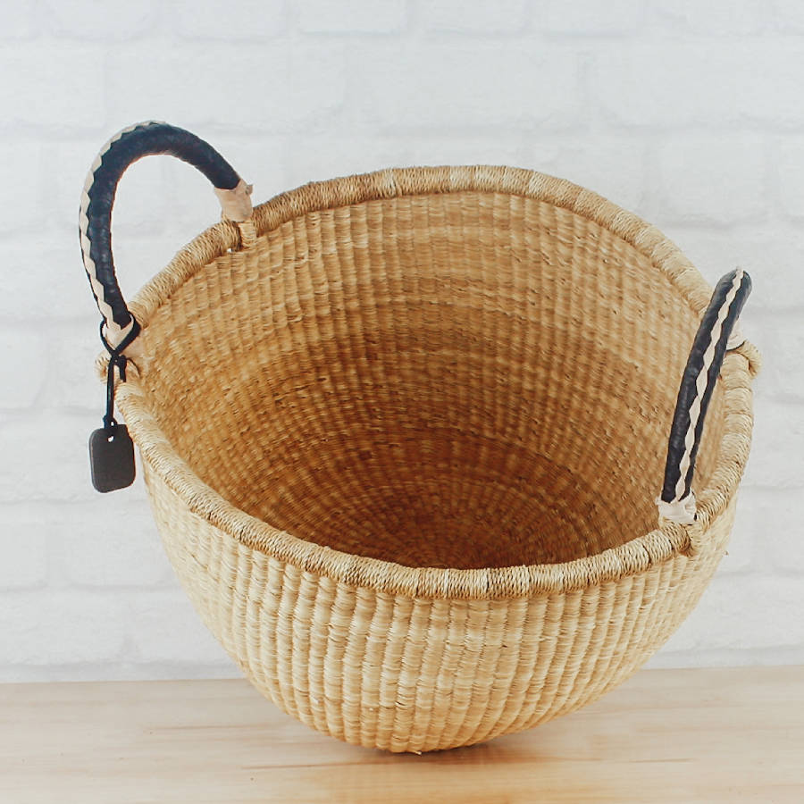 Large Round Two-Handled Bolga Basket - Natural Palette Top View